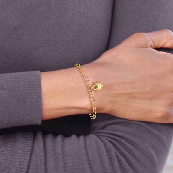 Kazi Luxury 14k Yellow Gold Polished Heart Lock Charm Paperclip Link Bracelet